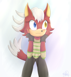 Size: 920x1000 | Tagged: safe, artist:xhazelsky123x, oc, oc:ginger jackwolf, hybrid, fankid, fingerless gloves, frown, hand on cheek, heterochromia, jackwolf, looking offscreen, magical gay spawn, parent:gadget, parent:infinite, parents:rookinite, simple background, sitting, solo, white background