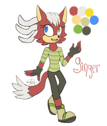 Size: 950x1120 | Tagged: safe, artist:xhazelsky123x, oc, oc:ginger jackwolf, hybrid, colours, fankid, fingerless gloves, heterochromia, jackwolf, looking offscreen, magical gay spawn, mouth open, parent:gadget, parent:infinite, parents:rookinite, shoes, simple background, solo, walking, white background