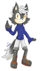 Size: 660x1130 | Tagged: safe, artist:xhazelsky123x, oc, oc:scout the wolf, wolf, fankid, looking at viewer, magical gay spawn, outline, parent:gadget, parent:infinite, parents:rookinite, sandals, shorts, simple background, smile, solo, speedpaint in description, standing, sweater, transparent background, yellow eyes