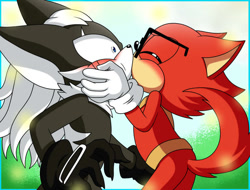Size: 800x607 | Tagged: safe, artist:adelmar15, gadget the wolf, infinite the jackal, jackal, wolf, belt, blushing, duo, eyes closed, gay, glasses, gloves, hand on cheek, kiss, neck fluff, rookinite, shipping, shocked, shrunken pupils, standing