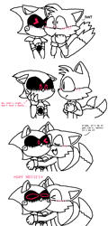Size: 696x1456 | Tagged: safe, artist:stilbie, metal sonic, miles "tails" prower, fox, blushing, comic, crack shipping, dialogue, duo, eyes closed, gay, gloves, hugging, kiss, kiss on cheek, looking at each other, metails, no mouth, one fang, robot, shipping, simple background, smile, white background