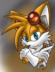 Size: 360x471 | Tagged: safe, artist:tails-mccloud, miles "tails" prower, fox, gloves, goggles, gradient background, lidded eyes, looking at viewer, pointing, smile, solo, sonic boom (tv), spanner