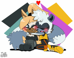 Size: 1024x793 | Tagged: safe, artist:tnmatt, tangle the lemur, whisper the wolf, lemur, wolf, abstract background, blushing, duo, eyes closed, females only, heart, hugging, lesbian, mouth open, one eye closed, one fang, shipping, signature, sitting, smile, tail hug, tangle x whisper