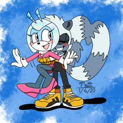 Size: 1024x1024 | Tagged: safe, artist:tnmatt, jewel the beetle, tangle the lemur, beetle, lemur, abstract background, arms out, blushing, duo, eyes closed, females only, holding them, hugging from behind, lesbian, mouth open, shipping, signature, standing, surprise hug, tangewel