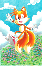 Size: 655x1024 | Tagged: safe, artist:jammerlea, miles "tails" prower, fox, adventures of sonic the hedgehog, arms out, clouds, flower, gloves, grass, looking at viewer, mid-air, mouth open, shoes, socks, solo