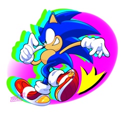 Size: 1024x1024 | Tagged: safe, artist:seven 17777, sonic the hedgehog, hedgehog, abstract background, grin, signature, smile, solo, standing on one leg