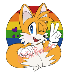 Size: 1502x1598 | Tagged: source needed, safe, artist:devotedsidekick, miles "tails" prower, fox, abstract background, gloves, heart, looking at viewer, mouth open, one fang, pride, pride flag background, semi-transparent background, signature, solo, v sign, wink, wrapped in tails