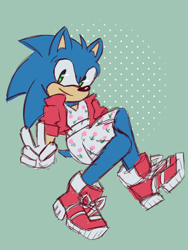 Size: 768x1024 | Tagged: safe, artist:zippityzap, sonic the hedgehog, hedgehog, abstract background, crossdressing, dress, femboy, gloves, jacket, looking at viewer, shoes, sitting, smile, solo, v sign