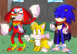 Size: 1280x899 | Tagged: safe, artist:mykell cube, knuckles the echidna, miles "tails" prower, sonic the hedgehog, echidna, fox, hedgehog, bandana, bisexual pride, building, cape, facepaint, flag, gay pride, grass, kneeling, mouth open, pride, smile, station square, team sonic, trans pride, tree, trio