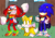Size: 1280x899 | Tagged: safe, artist:mykell cube, knuckles the echidna, miles "tails" prower, sonic the hedgehog, echidna, fox, hedgehog, bandana, bisexual pride, building, cape, facepaint, flag, gay pride, grass, kneeling, mouth open, pride, smile, station square, team sonic, trans pride, tree, trio