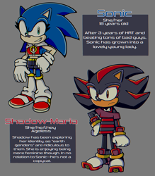 Size: 2638x3006 | Tagged: safe, artist:mykell cube, shadow the hedgehog, sonic the hedgehog, hedgehog, au:girl (mykell cube), character name, duo, english text, frown, gender swap, grey background, grin, hand on hip, looking at viewer, shorts, simple background, skirt, smile, standing, trans female, transgender