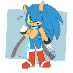 Size: 1500x1500 | Tagged: safe, artist:syrcaii, sonic the hedgehog, hedgehog, abstract background, au:resonance, badge, bisexual pride, boots, cape, clenched fist, clenched teeth, demiboy pride, demisexual pride, facepaint, gloves, headcanon, heart, looking at viewer, pride cape, pride pin, semi-transparent background, signature, smile, solo, standing, wink