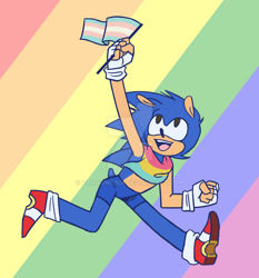Size: 1024x1101 | Tagged: safe, artist:barnowlboi, sonic the hedgehog, hedgehog, abstract background, bandana, clenched fist, deviantart watermark, featured image, fingerless gloves, flag, gloves, looking up, mouth open, pansexual pride, pride, pride flag background, rainbow background, running, shoes, shorts, socks, solo, trans pride, watermark