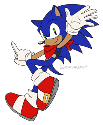Size: 1024x1239 | Tagged: safe, artist:survivalstep, sonic the hedgehog, hedgehog, bandana, binder, gloves, looking at viewer, pointing, posing, redesign, shoes, signature, simple background, smile, socks, solo, trans boy sonic, trans male, transgender, transparent background