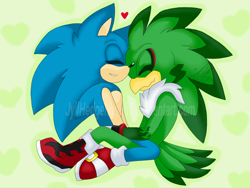 Size: 1024x771 | Tagged: safe, artist:jyllhedgehog367, jet the hawk, sonic the hedgehog, bird, hedgehog, abstract background, boots, duo, eyes closed, gay, gloves, hawk, heart, holding them, neck fluff, shipping, shoes, sitting, smile, socks, sonjet