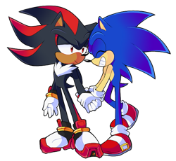 Size: 575x530 | Tagged: safe, artist:nannelflannel, shadow the hedgehog, sonic the hedgehog, hedgehog, clenched teeth, duo, eyes closed, frown, gay, gloves, holding hands, looking at them, shadow x sonic, shipping, shoes, simple background, smile, socks, standing, standing on one leg, transparent background
