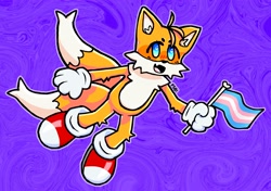 Size: 3200x2258 | Tagged: safe, artist:ps0yasumi, miles "tails" prower, fox, abstract background, flag, gloves, headcanon, holding something, mid-air, mouth open, shoes, socks, solo, trans male, trans pride, transgender