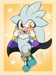 Size: 1600x2134 | Tagged: safe, artist:jevsterchester, silver the hedgehog, hedgehog, abstract background, boots, cape, chibi, cute, headcanon, looking at viewer, mid-air, mouth open, neck fluff, nonbinary pride, pride flag, silvabetes, solo, star (symbol)