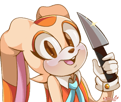 Size: 500x421 | Tagged: safe, artist:jevsterchester, cream the rabbit, rabbit, blushing, child, gloves, holding something, knife, looking at viewer, mouth open, signature, simple background, smile, solo, sparkles, this will end in blood, this won't end well, transparent background