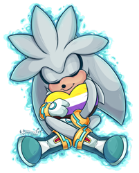 Size: 1280x1590 | Tagged: safe, artist:jevsterchester, silver the hedgehog, hedgehog, boots, eyes closed, gloves, hugging, legs crossed, nonbinary, nonbinary pride, outline, pillow, signature, silvabetes, simple background, sitting, smile, solo, transparent background