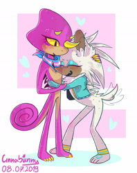 Size: 1600x2025 | Tagged: safe, artist:puffinpermuffin, espio the chameleon, silver the hedgehog, hedgehog, abstract background, bandana, bending over, chameleon, duo, eyes closed, gay, hand on head, heart, hugging, jacket, looking at them, mouth open, shipping, signature, silvio, smile, standing, trans male, trans pride, transgender, wagging tail