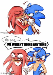 Size: 1024x1440 | Tagged: safe, artist:milk-green-tea, knuckles the echidna, sonic the hedgehog, echidna, hedgehog, attempted kiss, blushing, dialogue, duo, gay, hand on head, knuxonic, looking offscreen, one eye closed, panels, pushing, shipping, signature, simple background, speech bubble, standing, white background, yelling