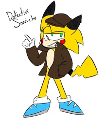 Size: 582x666 | Tagged: safe, artist:blazing, oc, hedgehog, coat, detective hat, fusion, fusion:detective pikachu, fusion:sonic, gloves, hand in pocket, hat, lidded eyes, looking offscreen, pikachu, pointing, shoes, simple background, smile, solo, standing, white background