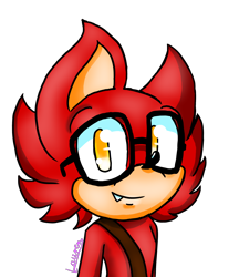 Size: 2500x2893 | Tagged: safe, artist:violetlauren, gadget the wolf, wolf, belt, glasses, looking at viewer, one fang, red fur, signature, simple background, smile, solo, transparent background, yellow eyes