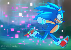 Size: 1516x1056 | Tagged: safe, artist:darkwingdumbass, sonic the hedgehog, hedgehog, sonic frontiers, clenched fists, clenched teeth, glitch, gloves, grass, looking ahead, running, shoes, signature, smile, socks, solo