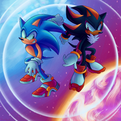 Size: 1500x1500 | Tagged: safe, artist:darkwingdumbass, shadow the hedgehog, sonic the hedgehog, hedgehog, sonic adventure 2, duo, frown, gloves, looking at them, looking offscreen, redraw, shoes, smile, soap shoes, socks, standing