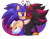 Size: 2160x1695 | Tagged: safe, artist:pickleuwu, shadow the hedgehog, sonic the hedgehog, hedgehog, abstract background, blushing, clenched fist, duo, eyes closed, gloves, hand on shoulder, heart, mouth open, nuzzle, semi-transparent background, shadow x sonic, shipping, signature, smile, standing