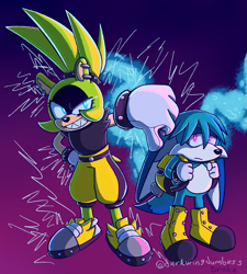 Size: 1805x2002 | Tagged: safe, artist:darkwingdumbass, kit the fennec, surge the tenrec, tenrec, abstract background, backpack, clenched teeth, duo, electricity, fennec, frown, glowing eyes, gradient background, hand on hip, holding something, looking at viewer, peach arms, signature, standing, thumbs down