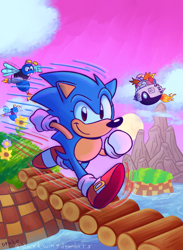 Size: 2000x2733 | Tagged: safe, artist:darkwingdumbass, buzz bomber, robotnik, sonic the hedgehog, hedgehog, human, box art, bridge, clenched fists, clouds, duo, eggmobile, flower, flying, gloves, grass, island, looking at viewer, mountain, ocean, redraw, robot, running, shoes, signature, smile, socks, sonic the hedgehog (8bit), sonictober, sunrise