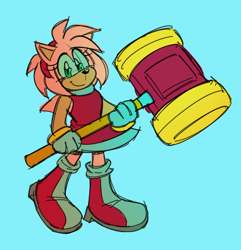 Size: 454x470 | Tagged: safe, artist:darkwingdumbass, amy rose, hedgehog, blue background, boots, gloves, headband, holding something, looking at viewer, piko piko hammer, simple background, sketch, smile, socks, solo, standing