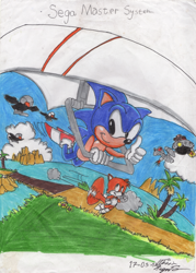 Size: 660x922 | Tagged: safe, artist:azulzinho35, miles "tails" prower, sonic the hedgehog, fox, hedgehog, box art, bridge, classic robotnik, classic sonic, classic tails, clenched fist, clouds, eggmobile, flying, gloves, grass, hang glider, looking at them, looking at viewer, mid-air, ocean, palm tree, redraw, robot, shoes, signature, smile, socks, sonic the hedgehog 2 (8bit), spinning tails, thumbs up, trio