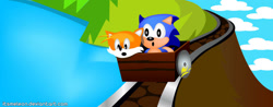 Size: 1024x403 | Tagged: safe, artist:itsmeleon, miles "tails" prower, sonic the hedgehog, fox, hedgehog, underground zone, classic sonic, classic style, classic tails, clouds, duo, looking ahead, minecart, mouth open, ocean, railing, redraw, sonic the hedgehog 2 (8bit), sparks, title card
