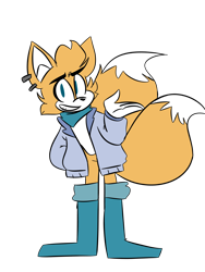 Size: 3024x4032 | Tagged: safe, artist:zmarzynote, skye prower, fox, aged up, boots, clenched teeth, coat, earring, gloves, hand in pocket, looking at viewer, scarf, simple background, smile, socks, solo, standing, transparent background, two tails