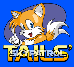 Size: 1316x1195 | Tagged: safe, artist:helifox, miles "tails" prower, fox, blue background, mouth open, one fang, pointing, redraw, simple background, solo, tails skypatrol, title screen