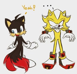 Size: 1080x1044 | Tagged: artist needed, safe, miles "tails" prower, shadow the hedgehog, fox, hedgehog, ..., clenched teeth, color swap, dialogue, duo, exclamation mark, gloves, grey background, looking back, looking down, mouth open, shoes, simple background, socks, standing