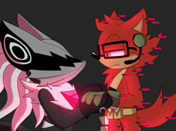 Size: 1280x956 | Tagged: safe, artist:pdaisyff1, gadget the wolf, infinite the jackal, jackal, wolf, belt, duo, gay, glasses, glitch, gloves, grey background, holding hands, infinite's mask, lidded eyes, looking at each other, microphone, mind control, one fang, phantom ruby, rookinite, shipping, simple background