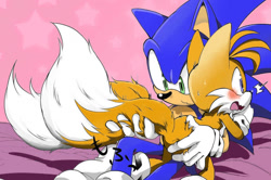 Size: 900x596 | Tagged: safe, artist:misterkanzaki, editor:saveourplanet1000, miles "tails" prower, sonic the hedgehog, fox, hedgehog, abstract background, bed, blushing, color edit, duo, fluffy, frown, gay, gloves, holding something, holding tail, holding them, japanese text, looking at something, lying down, mouth open, shipping, socks, sonic x tails, star (symbol), surprised
