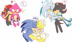Size: 1024x600 | Tagged: suggestive, artist:kirsa-w, espio the chameleon, mighty the armadillo, miles "tails" prower, shadow the hedgehog, silver the hedgehog, sonic the hedgehog, armadillo, fox, hedgehog, blushing, boots, carrying them, chameleon, cute, exclamation mark, gay, gloves, group, heart, kiss on cheek, mightio, pulling, shadow x silver, shipping, simple background, sonic x tails, standing, surprised, white background