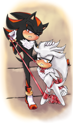 Size: 750x1280 | Tagged: suggestive, artist:kirsa-w, shadow the hedgehog, silver the hedgehog, hedgehog, blushing, gay, gloves, hand on head, hands behind back, holding something, kneeling, lidded eyes, looking at viewer, neck fluff, ribbons, shadow x silver, shipping, shoes, standing on one leg