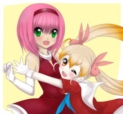 Size: 1000x928 | Tagged: safe, artist:ni-qu, amy rose, cream the rabbit, human, abstract background, amream, anime, blushing, child, colored version, dress, duo, gloves, headband, humanized, lesbian, mouth open, shipping, wink