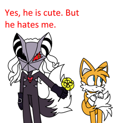 Size: 1193x1200 | Tagged: safe, artist:kuu, infinite the jackal, miles "tails" prower, fox, jackal, crack shipping, dialogue, duo, flower, frown, gay, holding something, infinite's mask, looking offscreen, phantom ruby, shipping, simple background, standing, tailfinite, white background, wrapped in tails