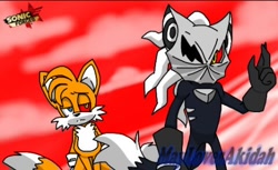 Size: 480x294 | Tagged: source needed, safe, artist:maylovesakidah, infinite the jackal, miles "tails" prower, fox, jackal, sonic forces, duo, frown, gloves, infinite tails, infinite's mask, looking offscreen, mind control, standing