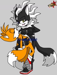 Size: 1024x1331 | Tagged: source needed, safe, artist:maylovesakidah, infinite the jackal, miles "tails" prower, fox, jackal, sonic forces, carrying them, crack shipping, duo, eyes closed, gay, gloves, grey background, heterochromia, looking at viewer, mouth open, shipping, shoes, simple background, socks, standing, tailfinite