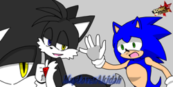 Size: 400x202 | Tagged: safe, artist:maylovesakidah, infinite the jackal, miles "tails" prower, sonic the hedgehog, fox, hedgehog, jackal, sonic forces, alternate universe, clenched fist, evil tails, gloves, grey background, heterochromia, infinite tails, lidded eyes, looking at them, mouth open, phantom ruby, simple background, standing, trio