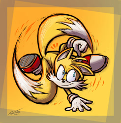 Size: 1280x1301 | Tagged: safe, artist:annitart, miles "tails" prower, fox, abstract background, clenched fist, fist, handstand, looking offscreen, male, posing, signature, smile, solo, spinning tails