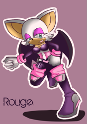 Size: 425x607 | Tagged: safe, artist:ssuper-sonic, rouge the bat, bat, boots, clenched fists, clenched teeth, female, fighting pose, lidded eyes, looking offscreen, outline, purple background, rouge's heroes bodysuit, running, simple background, solo